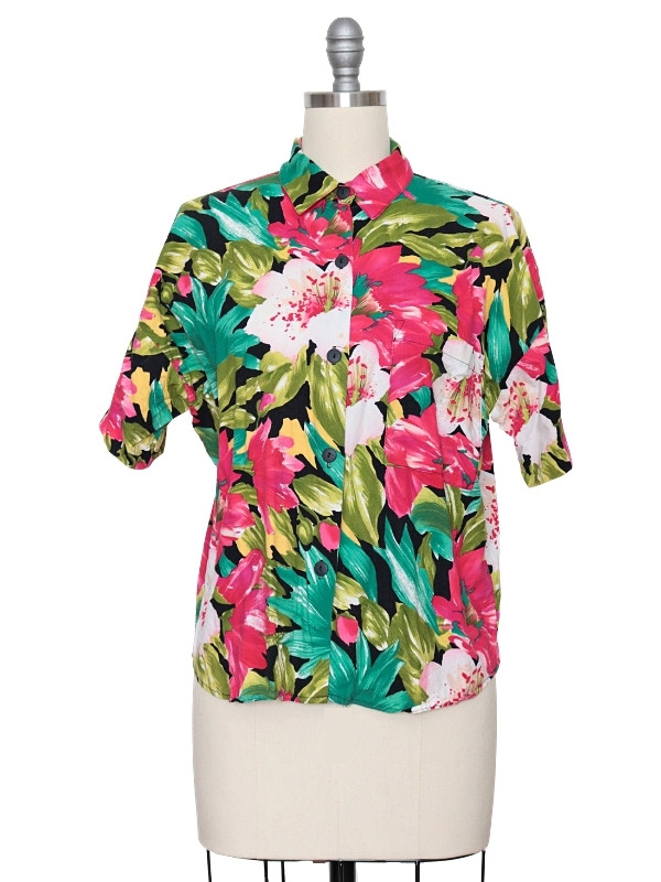 80s Tropical Floral Print Multicolor Short Sleeve Shirt - Paper Michey