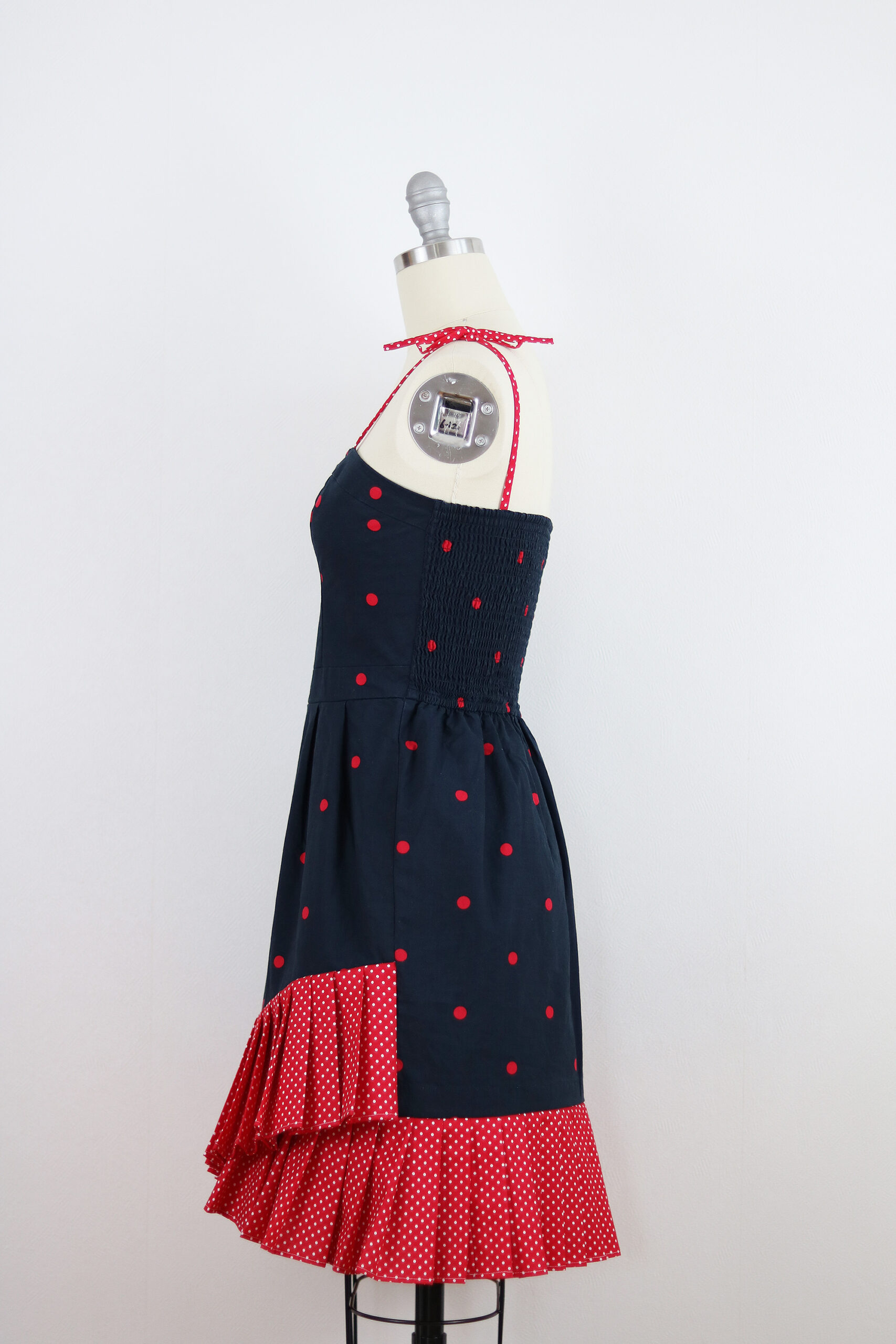 Reworked Navy Red Polka Dot Pleated Hem Dress- Profile