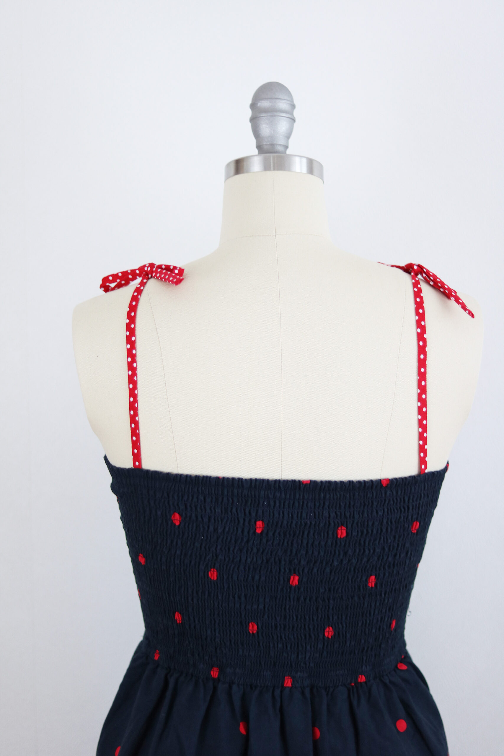 Reworked Navy Red Polka Dot Pleated Hem Dress- Ruffles- Shoulder Straps