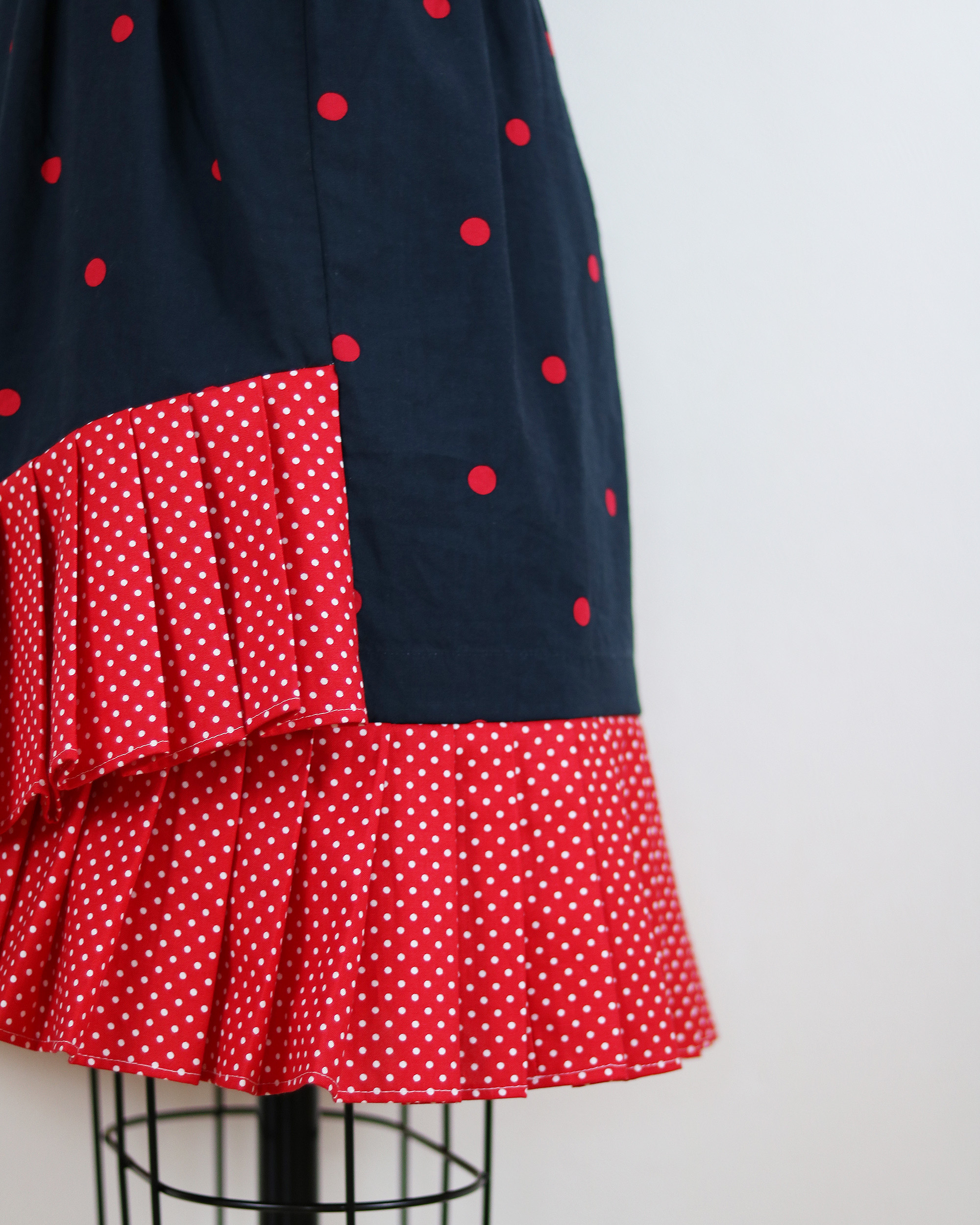 Reworked Navy Red Polka Dot Pleated Hem Dress- Ruffles