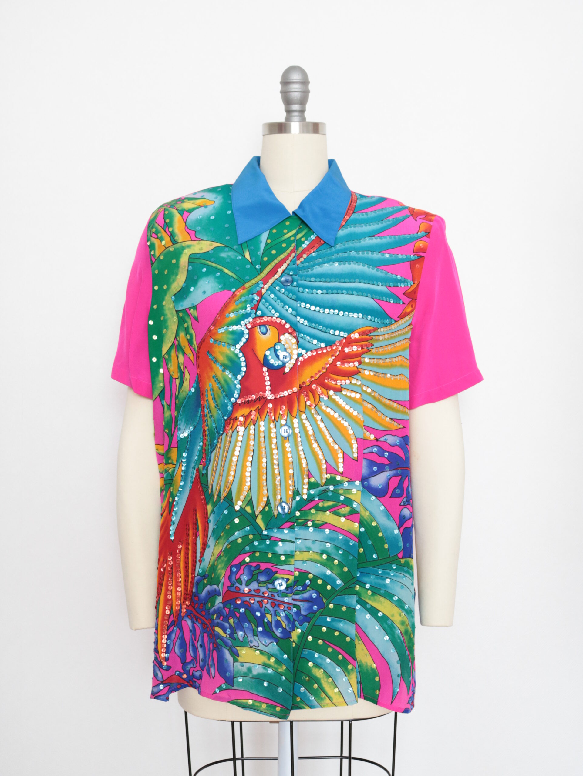 Vintage 90s Silk Hot Pink Multicolored Sequin Parrot Tropical Print Blouse