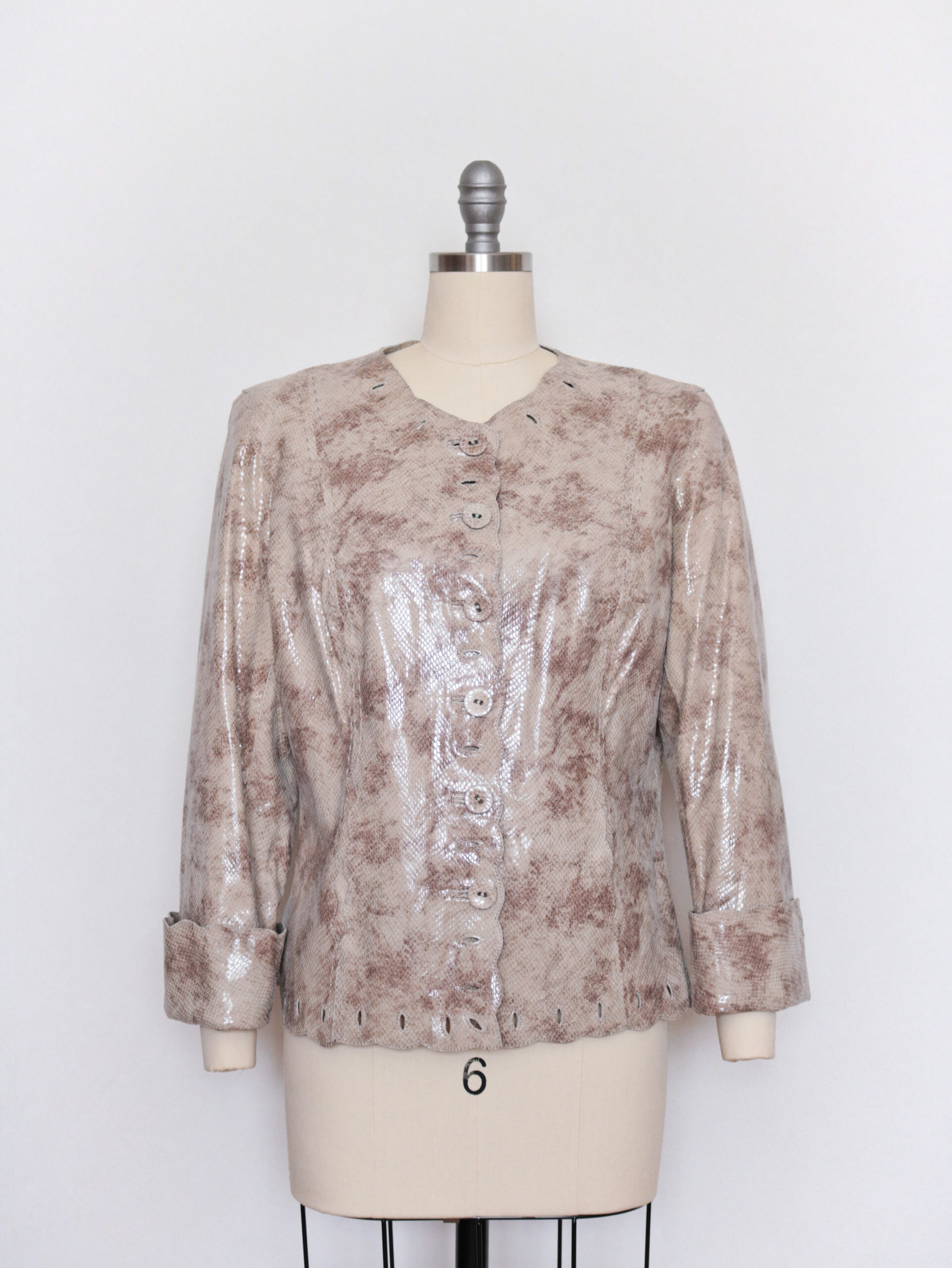 Vintage Beige Scalloped Snake Print Genuine Leather Jacket-1