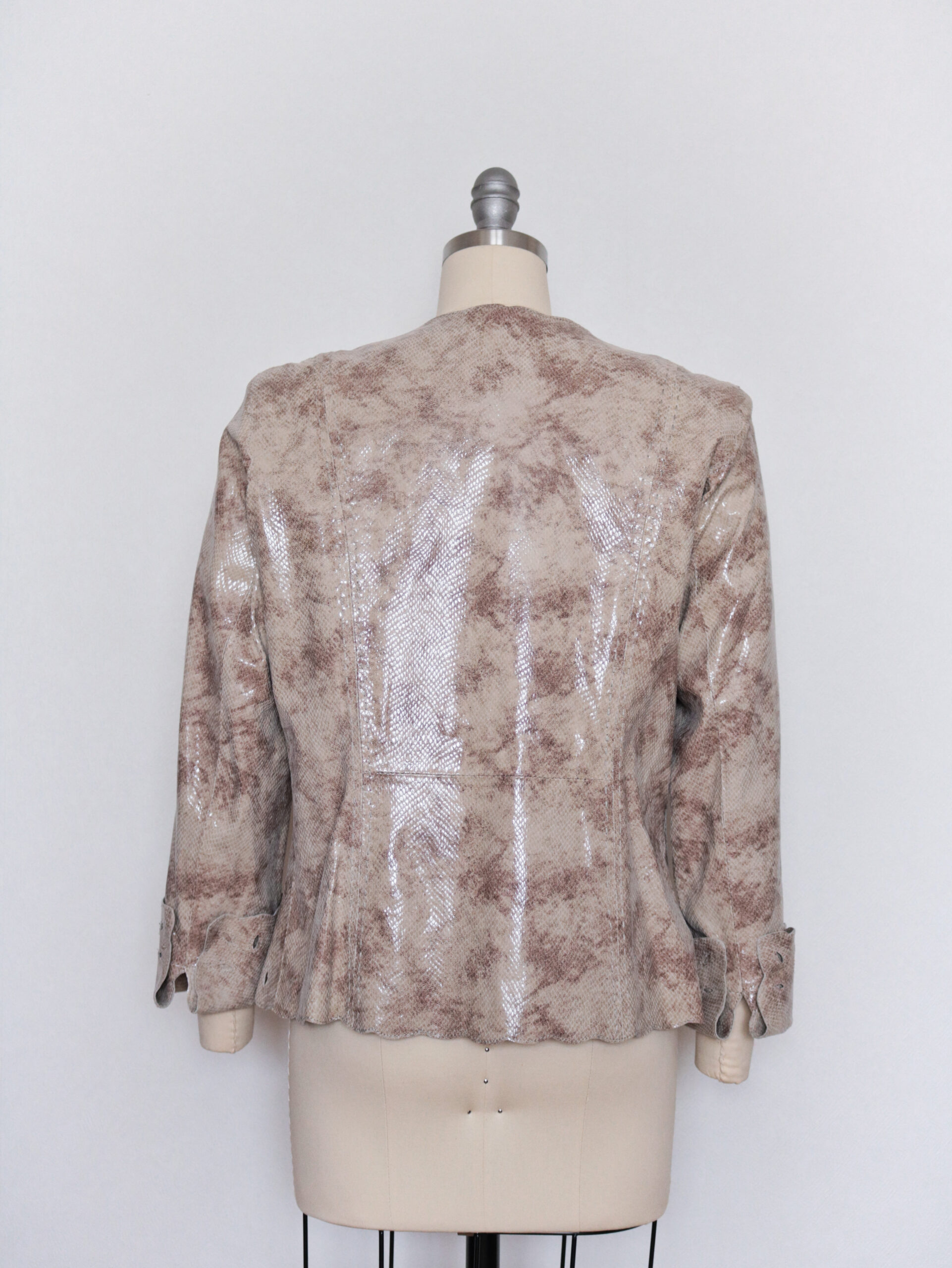 Vintage Beige Scalloped Snake Print Genuine Leather Jacket-3