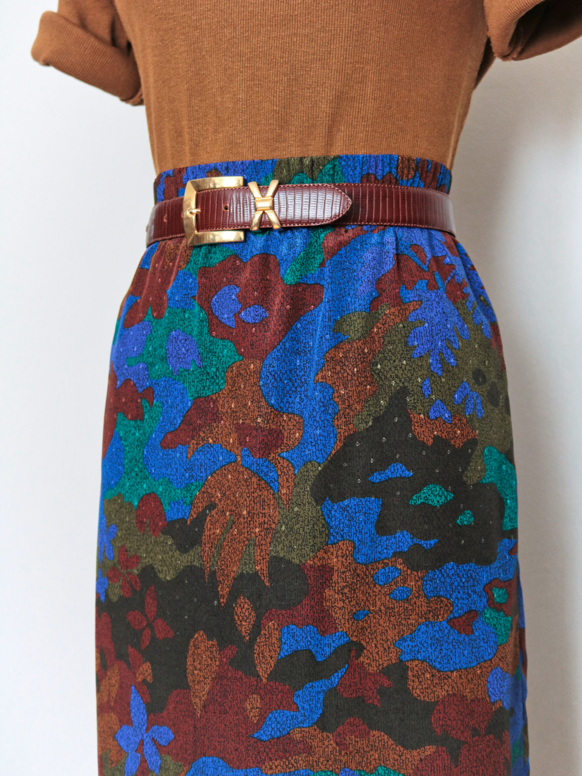 Vintage Blue Brown Camo Silky Straight Skirt-5