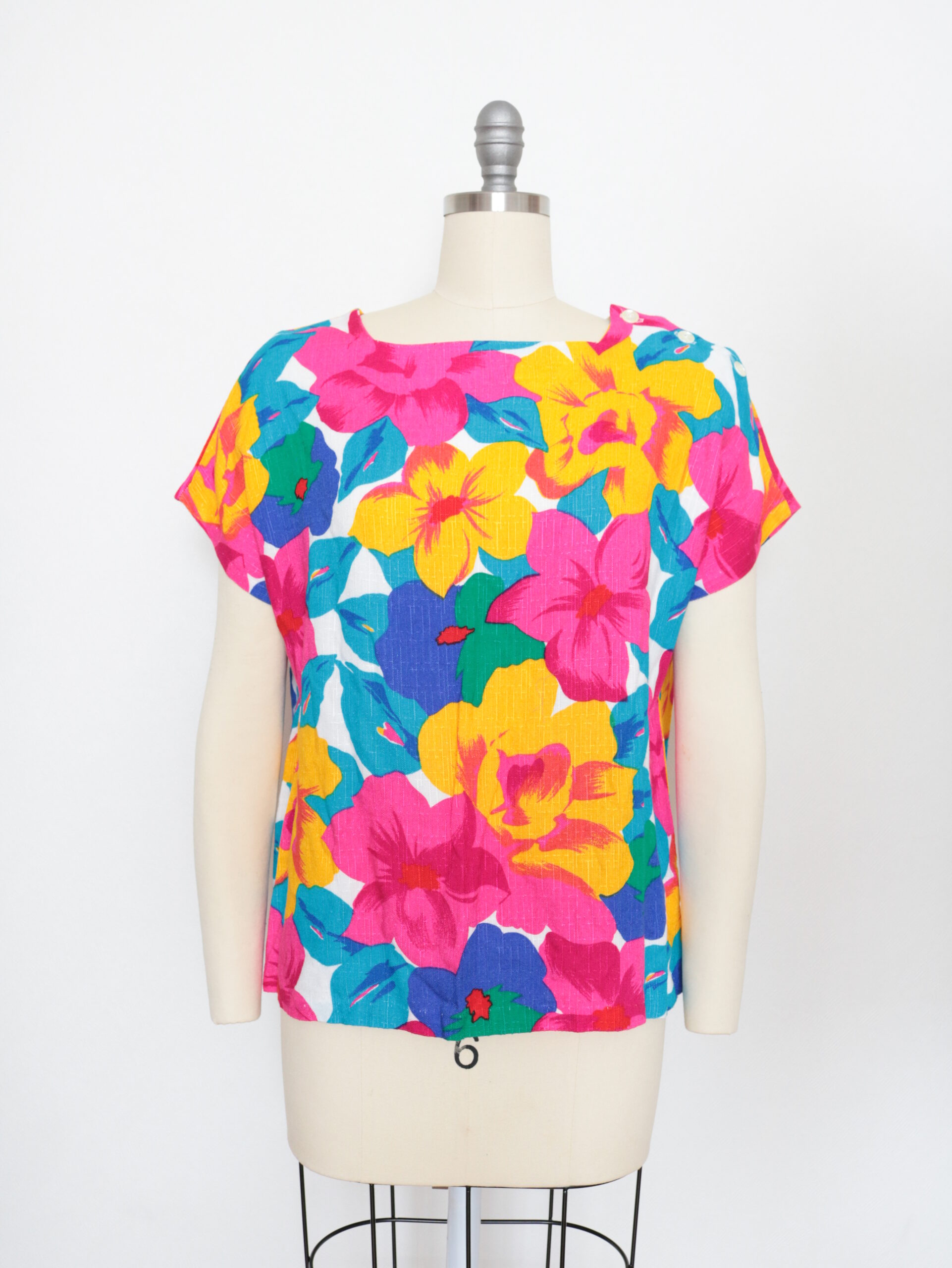 Vintage Bright Bold Floral Multicolored Tropical Print Top