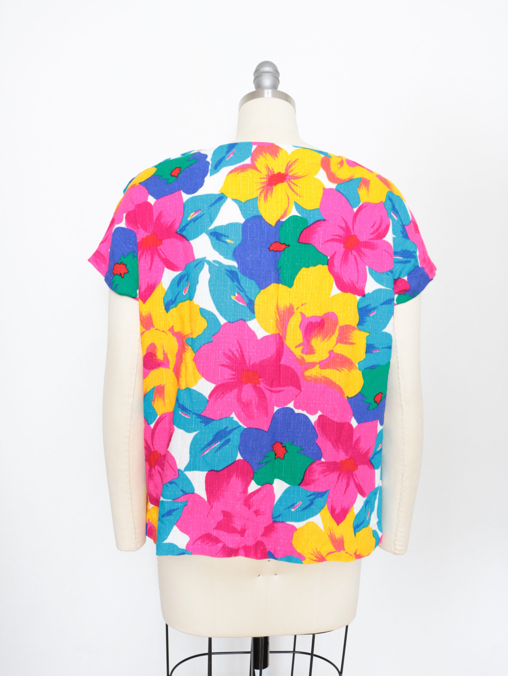 Vintage Bright Bold Floral Multicolored Tropical Print Top-back