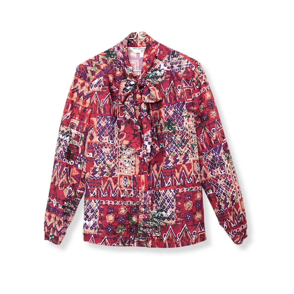 Vintage Multicolored Abstract Tie Neck Pussy Bow Blouse