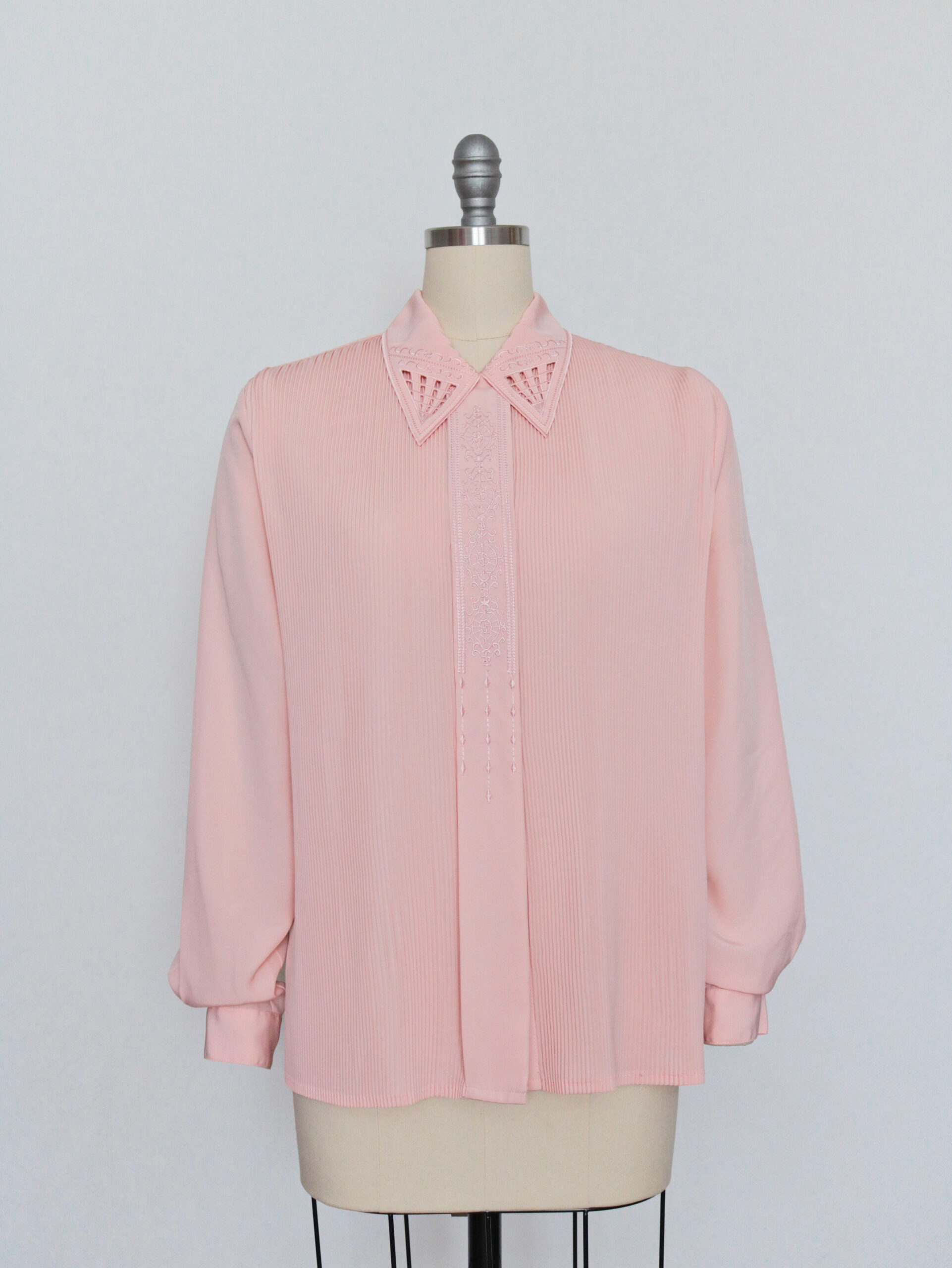 Vintage Peach Cutout Collar Embroidered Pleated Blouse-1 copy