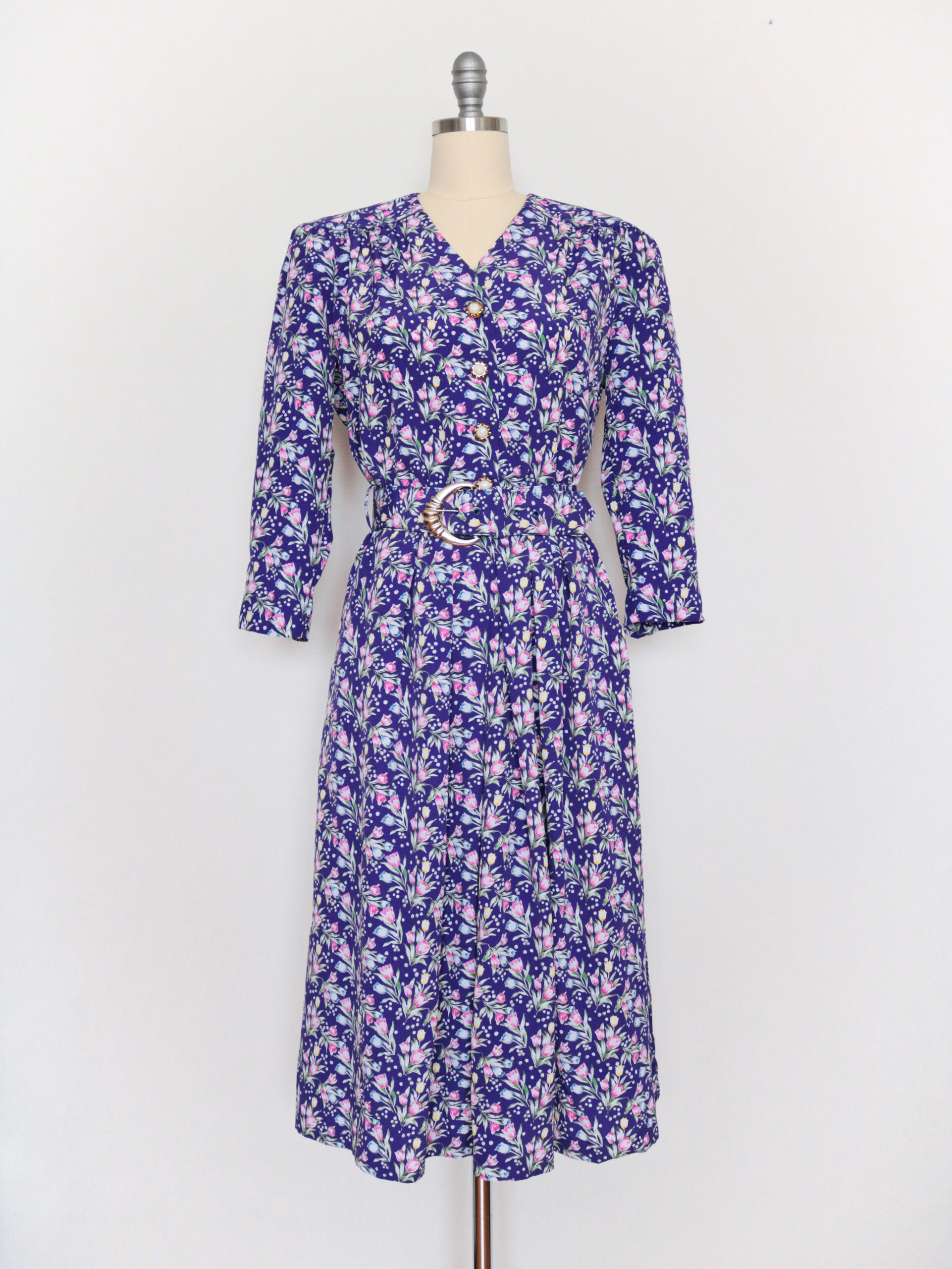 Vintage Purple Multi colored Floral Print Flared Dress-1