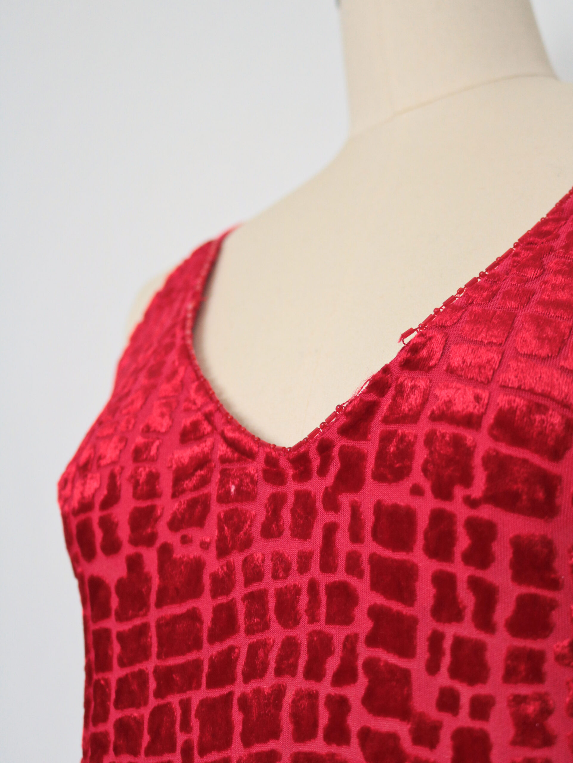 Vintage Red Burnout Velvet Slip Dress-7