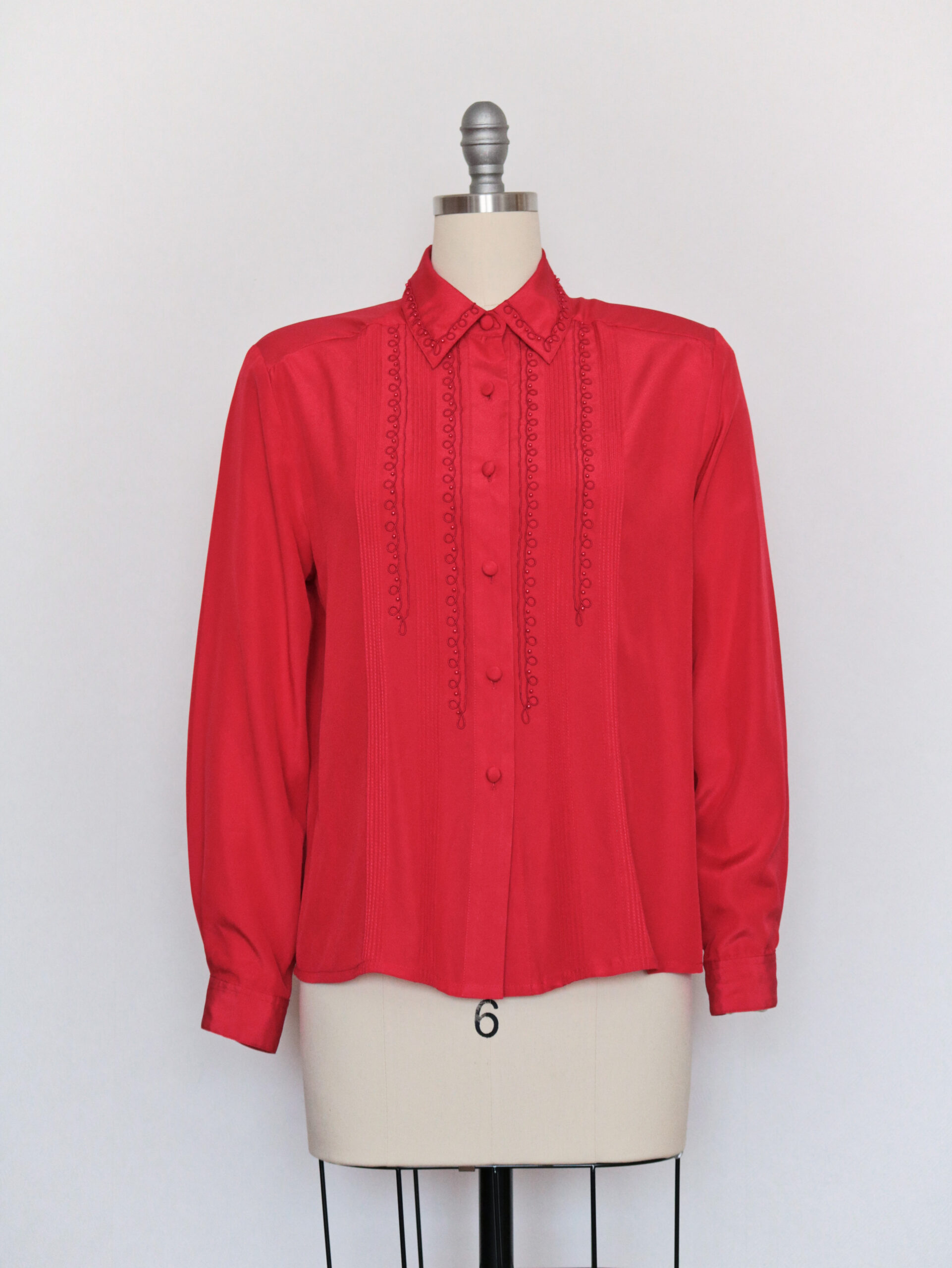 Vintage Red Button Up Silky Pintuck Blouse-3