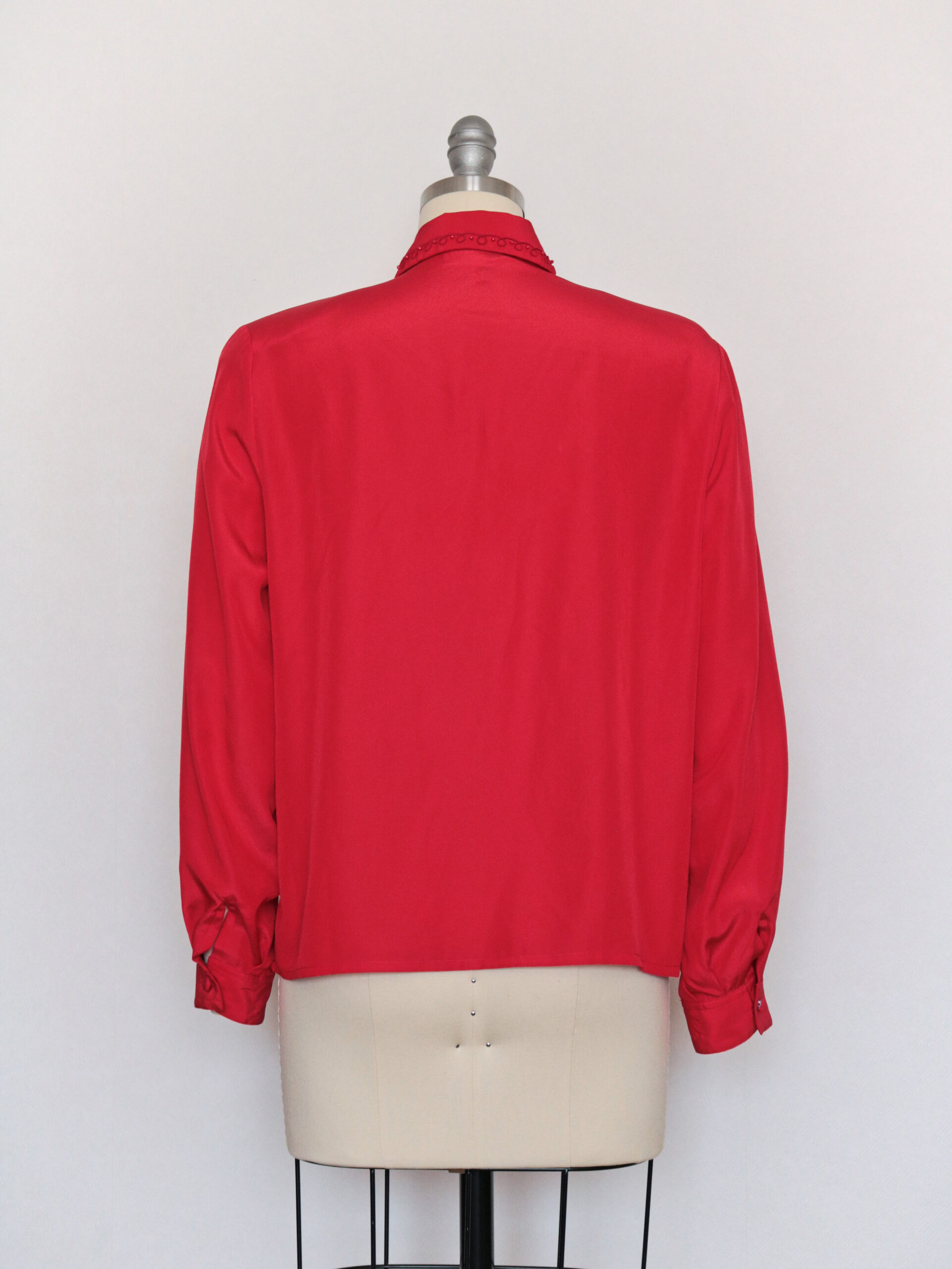 Vintage Red Button Up Silky Pintuck Blouse-5
