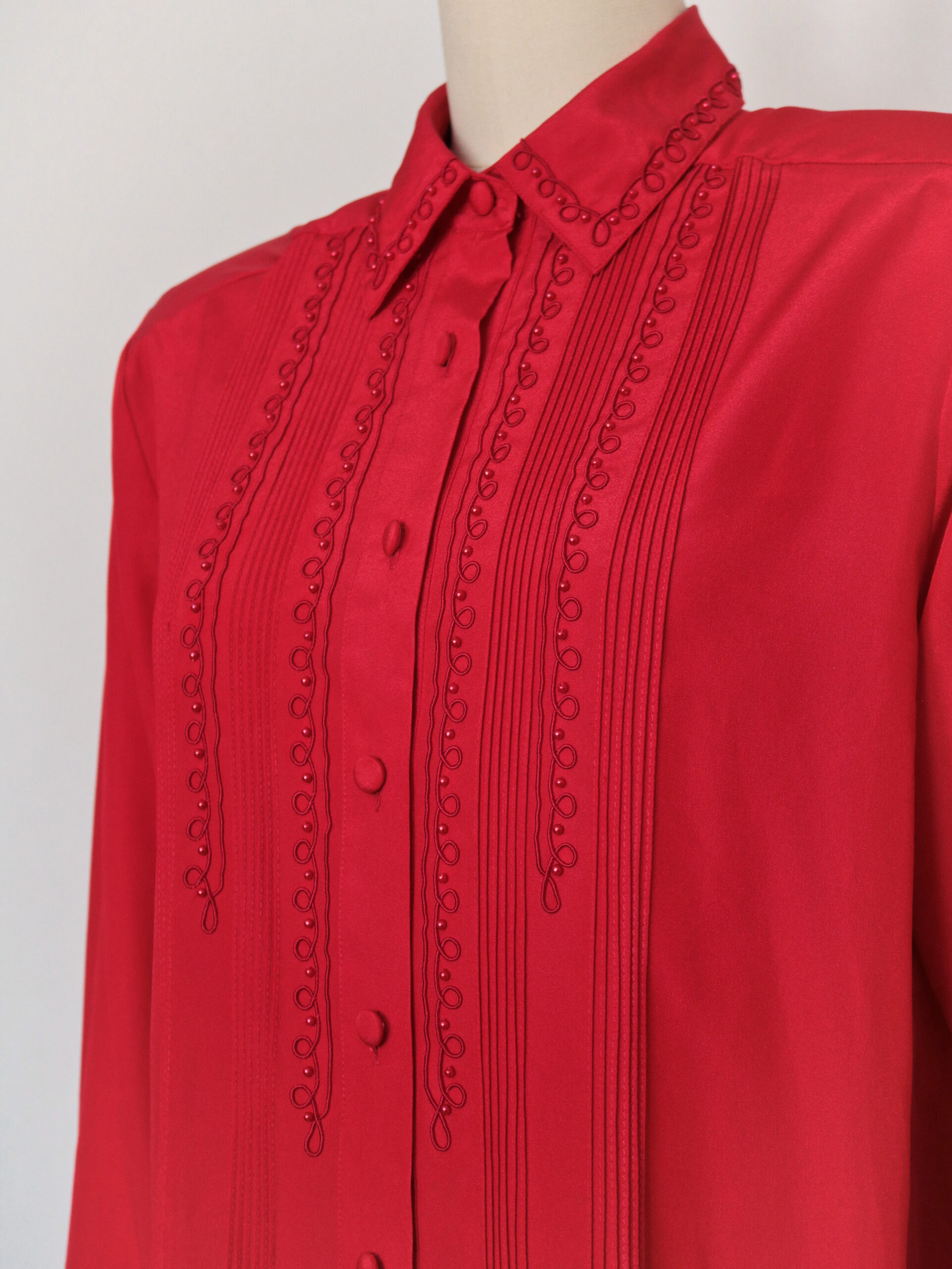 Vintage Red Button Up Silky Pintuck Blouse-8