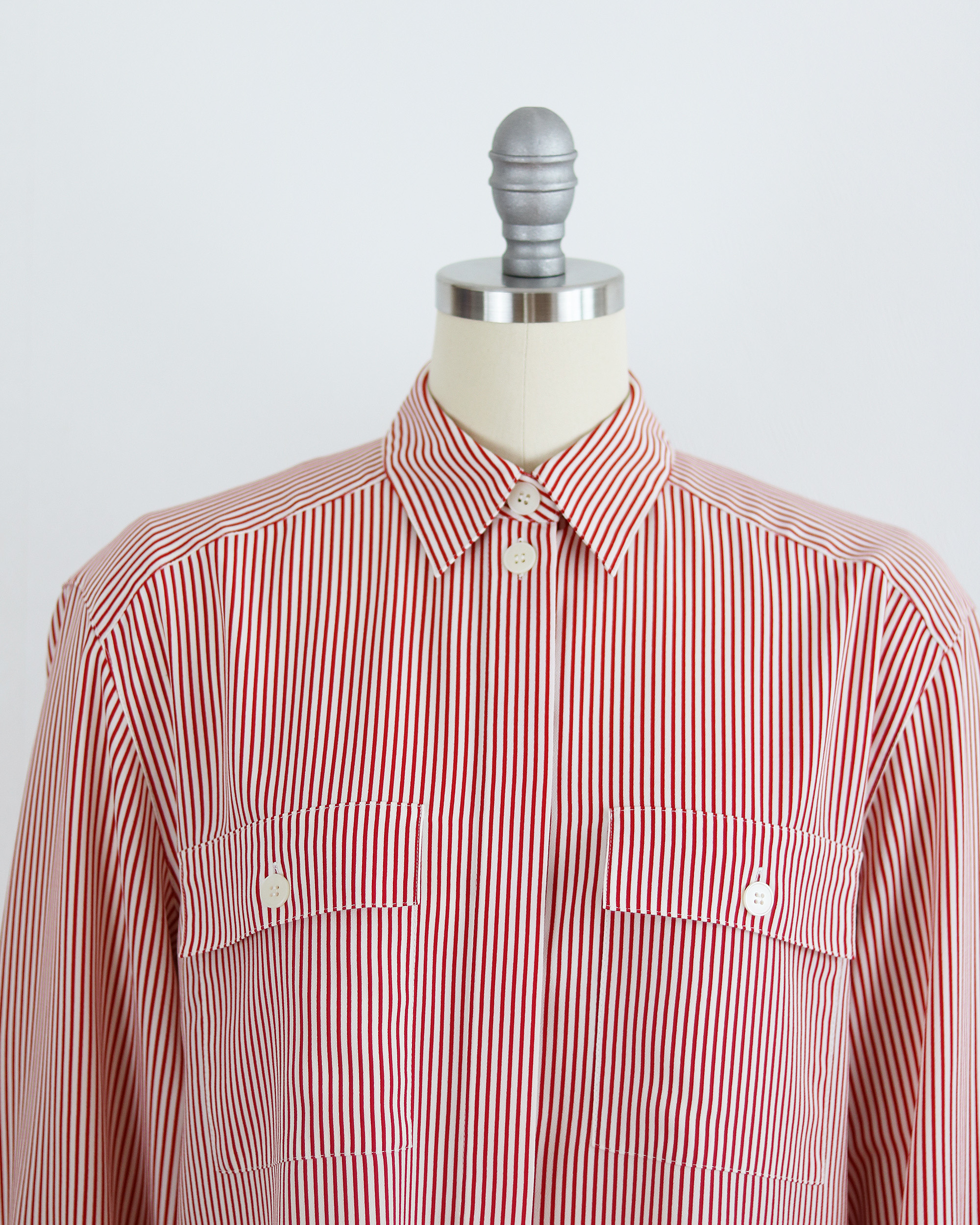 Vintage Red White Striped Button Up Blouse- Patch Pockets