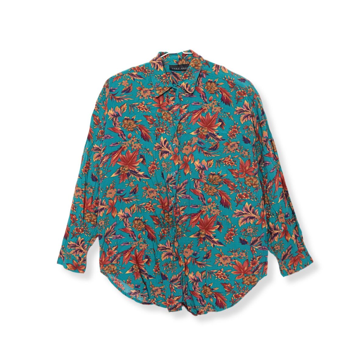 Vintage Teal Turquoise Colorful Floral Print Long Sleeve Blouse Top