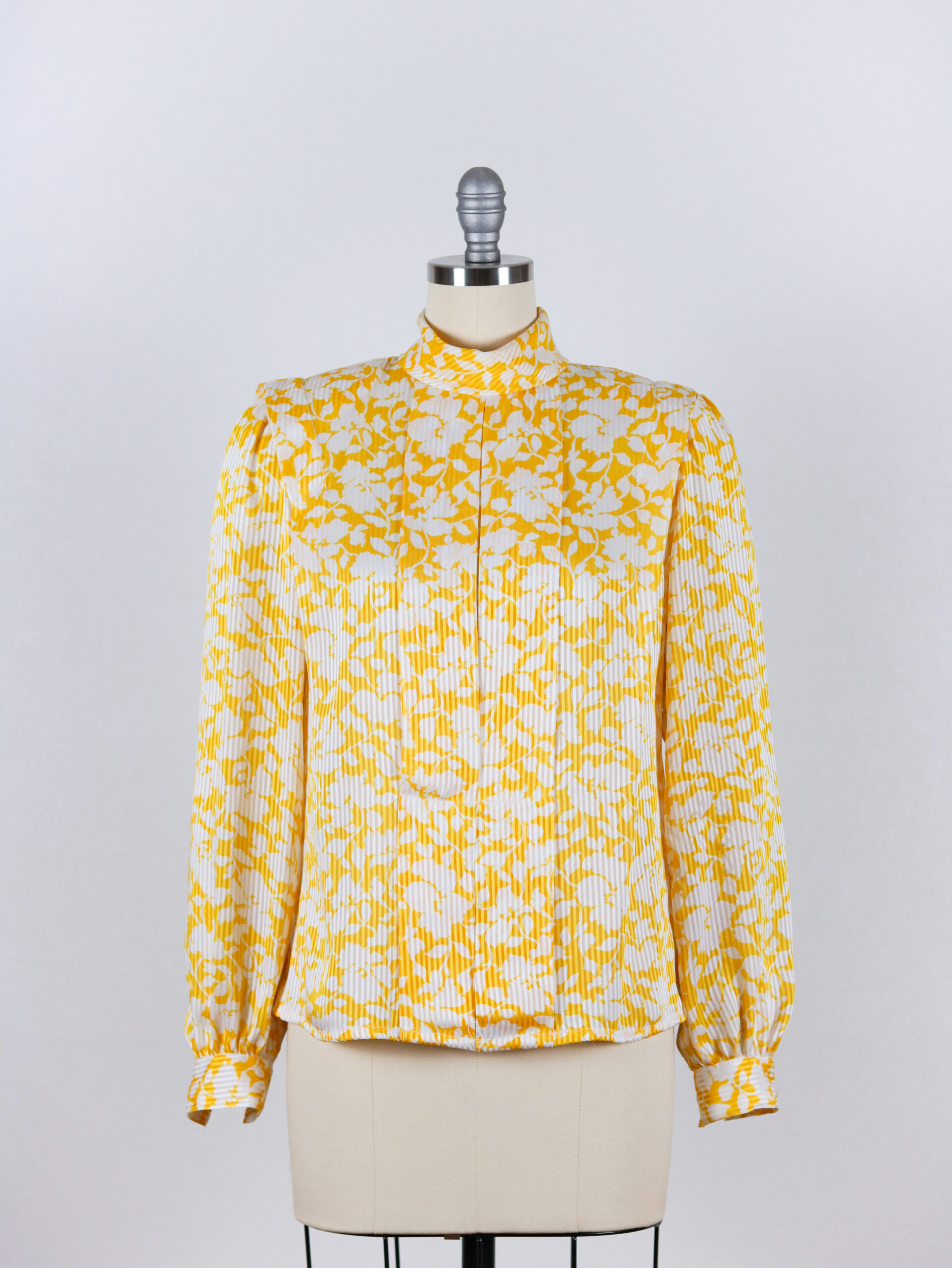 Vintage Yellow White Silky High Neck Striped Floral Print Blouse-3