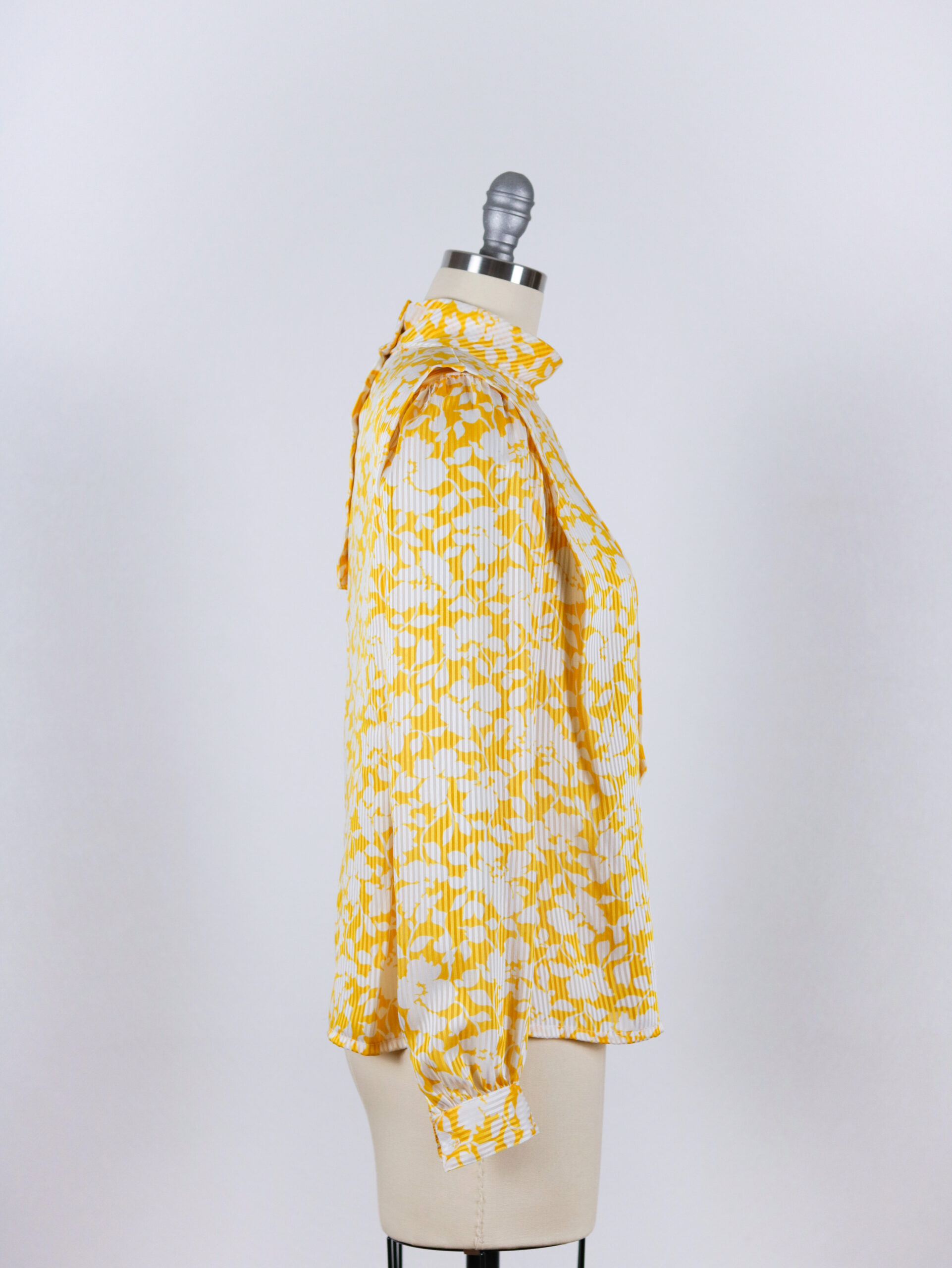 Vintage Yellow White Silky High Neck Striped Floral Print Blouse-4