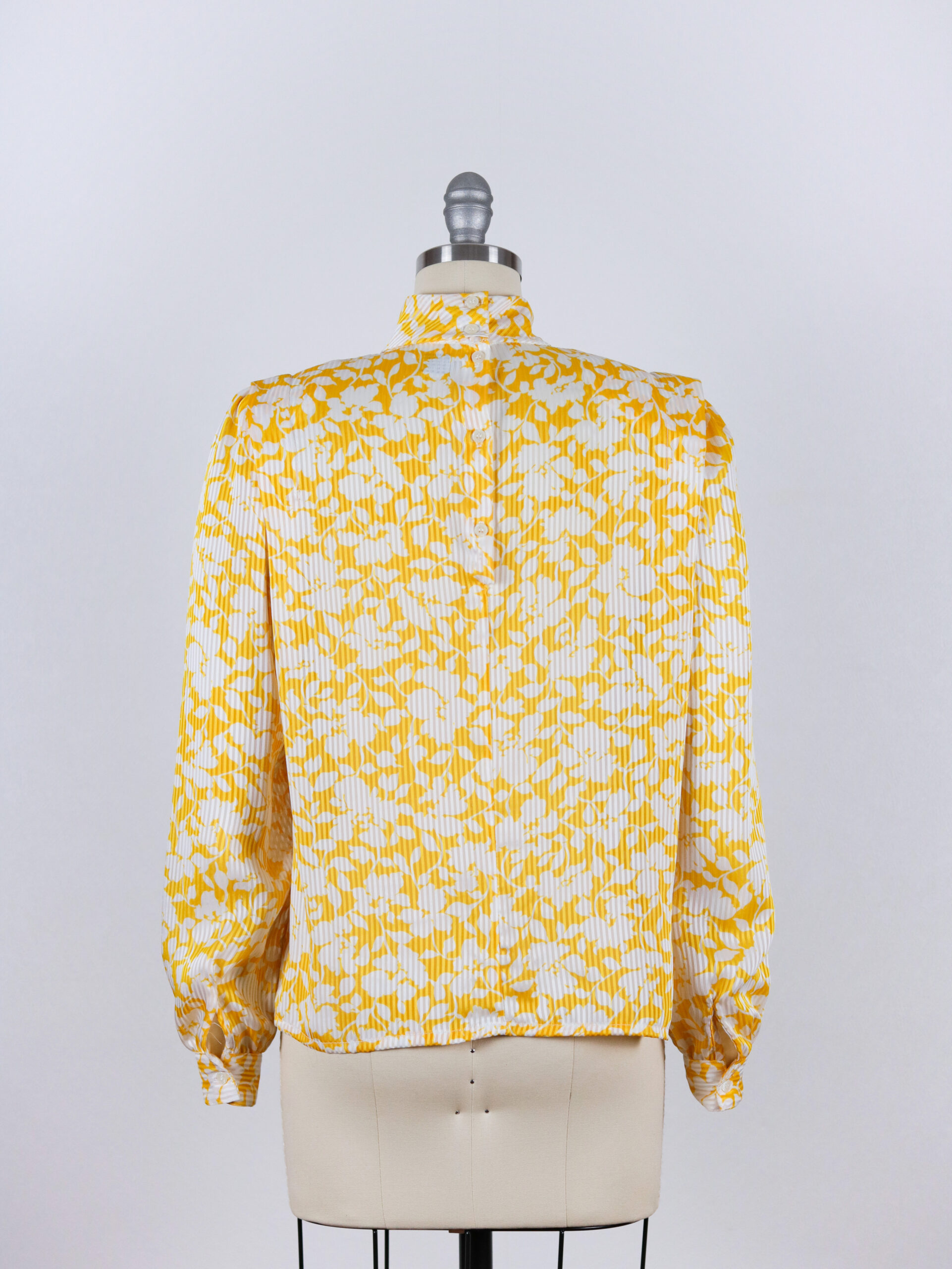 Vintage Yellow White Silky High Neck Striped Floral Print Blouse-5