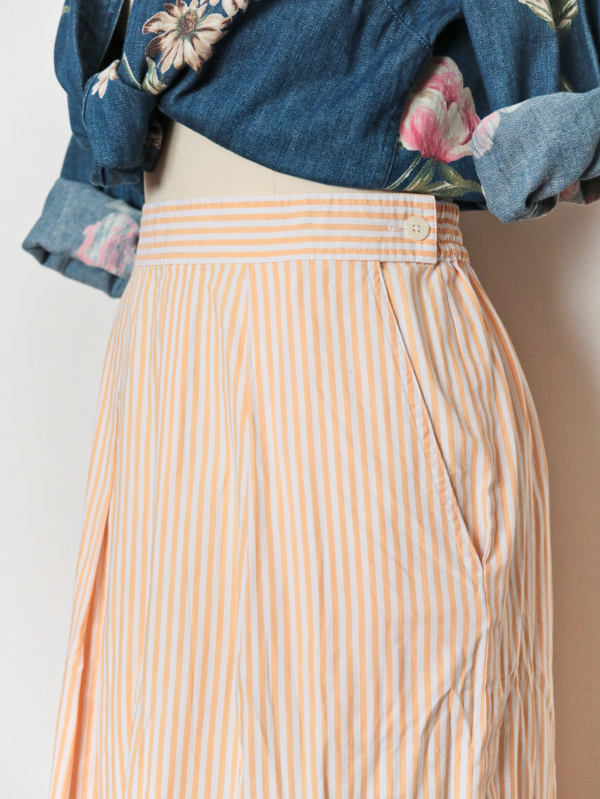Vintage Yellow White Striped Flared Skirt-5